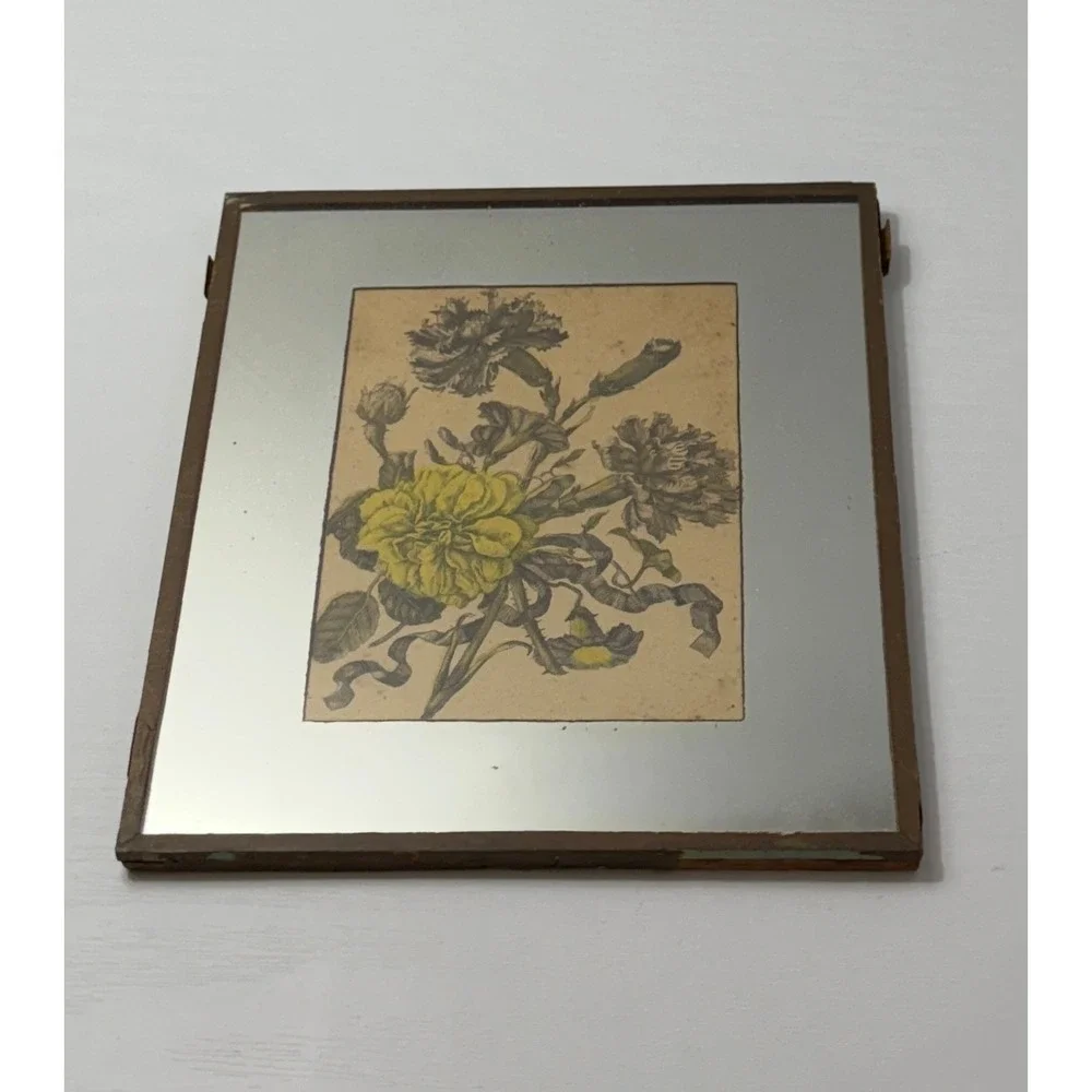 Vintage Botanical Floral Mirror Wall Art Yellow Carnations Rustic READ